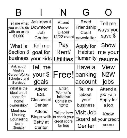 Community Wealth Building @ Friendship Court 12/2019 Bingo Card