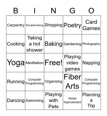 Activities Bingo Card