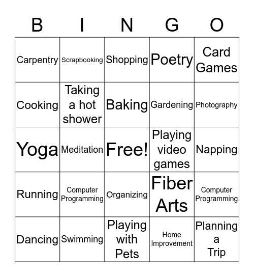 Activities Bingo Card