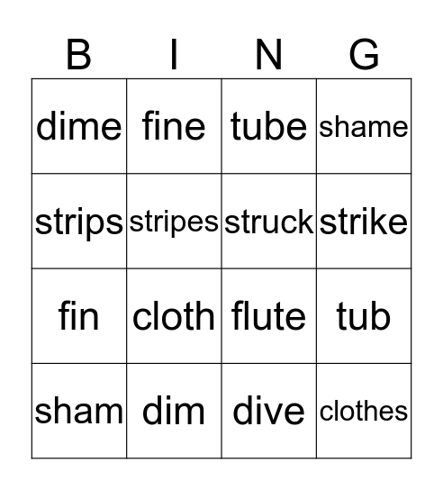 V-e and Closed Syllables Bingo Card