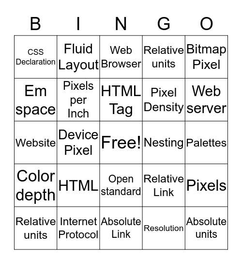 Web design vocab Bingo Card