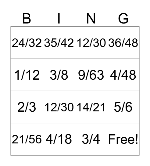 Simplifying Fractions Bingo Card