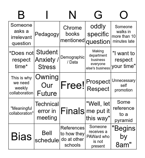 December Faculty Meeting Bingo Card