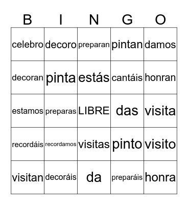 -AR Verbs Bingo Card