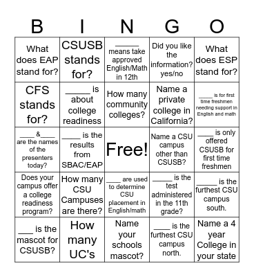 CSU College Readiness & Academic Preparation Bingo Card