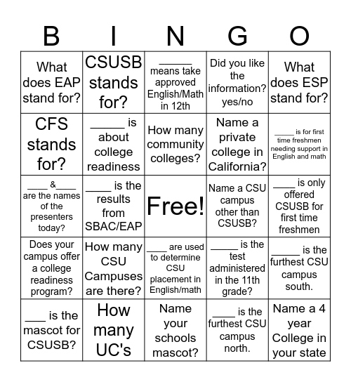 CSU College Readiness & Academic Preparation Bingo Card