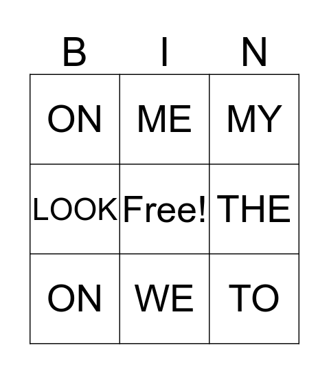 Kindergarten Sight Words Bingo Card
