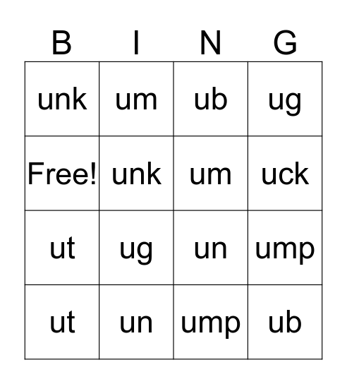 Short U Bingo Card