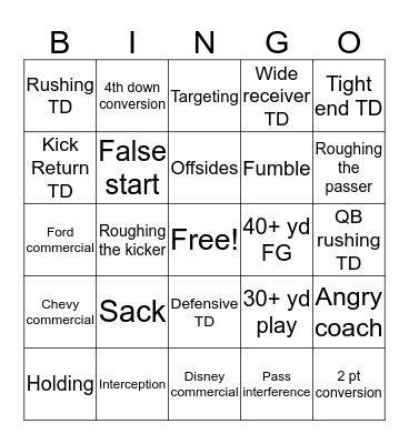 MONDAY NIGHT FOOTBALL Bingo Card