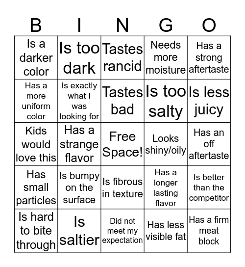 Descriptive Language Bingo Card