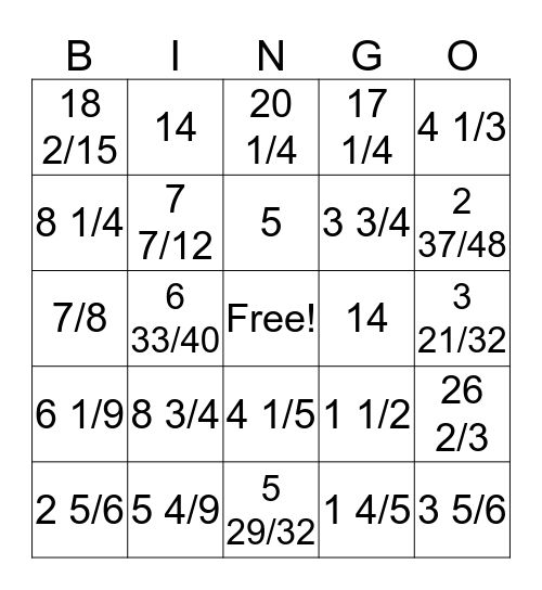 Multiplying with Mixed Numbers   Bingo Card