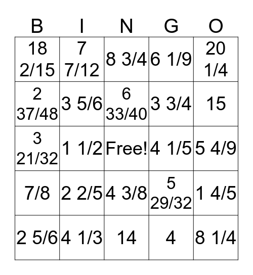 Multiplying with Mixed Numbers   Bingo Card