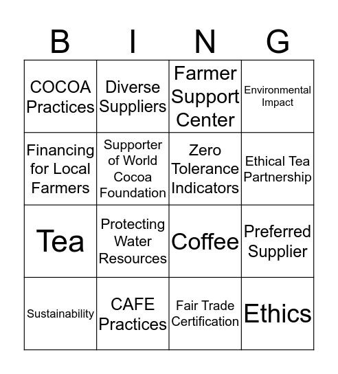 Starbucks Bingo Card