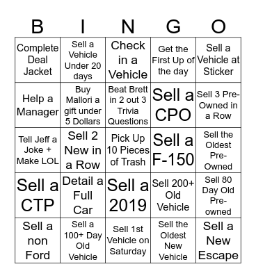 Fast Start Bingo Card