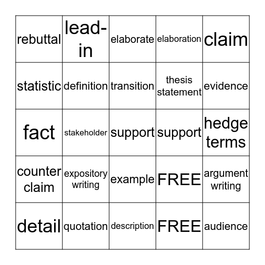 Vocabulary Bingo Card