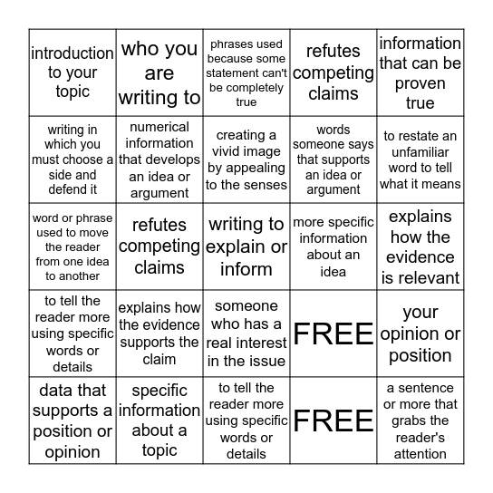 Definition Bingo Card