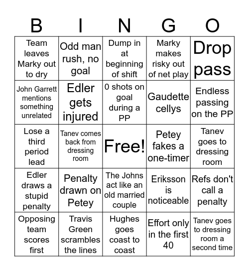 Canucks Bingo Card