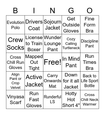 lululemon Product Bingo Card