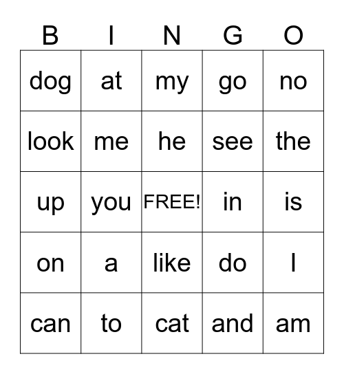 kindergarten  sight word bingo Card