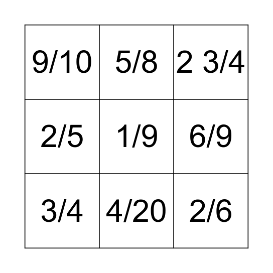 Fractions Bingo Card