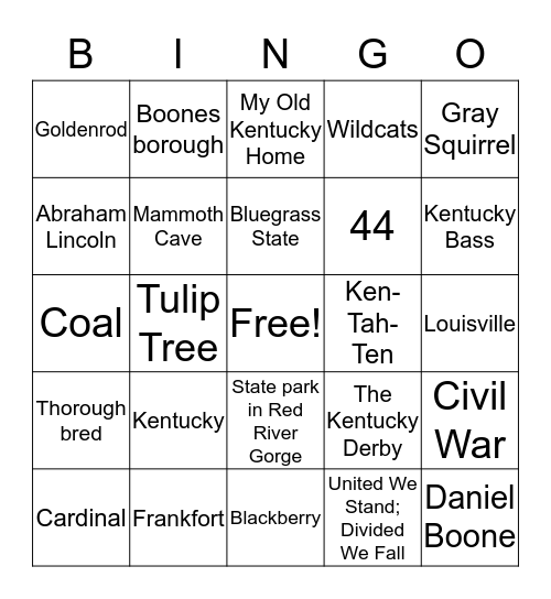 Kentucky Bingo Card