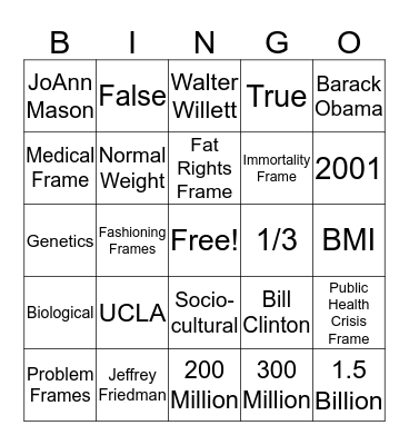Obesity Bingo Card