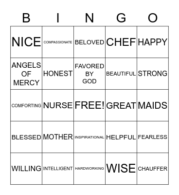 WORDS TO DESCRIBE MOTHERS Bingo Card