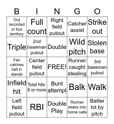 Lebanon Baseball Bingo Card