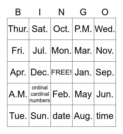 Day/Month Bingo Card