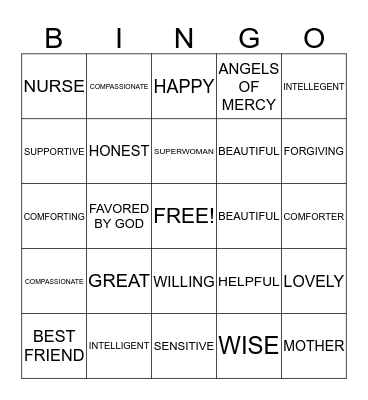 WORDS TO DESCRIBE MOTHERS Bingo Card