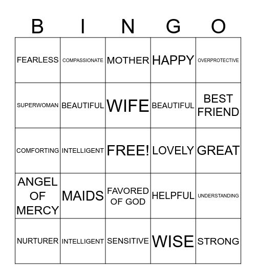 WORDS TO DESCRIBE MOTHERS Bingo Card