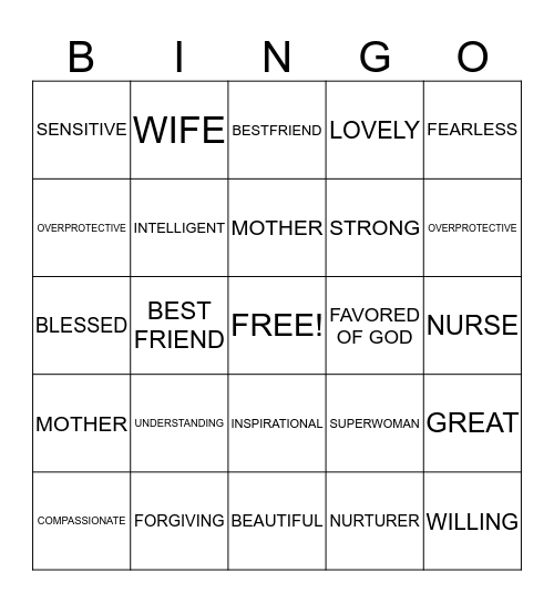 WORDS TO DESCRIBE MOTHERS Bingo Card