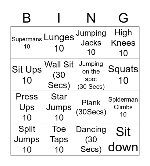 Fitness Bingo Card