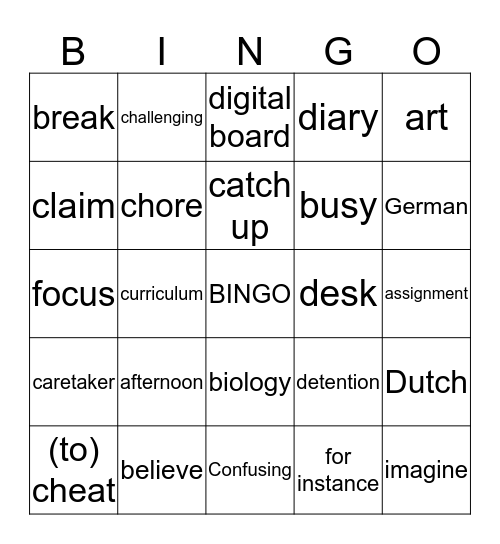 English Bingo Card