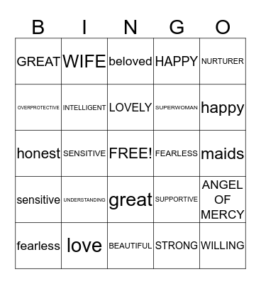 WORDS TO DESCRIBE MOTHERS Bingo Card