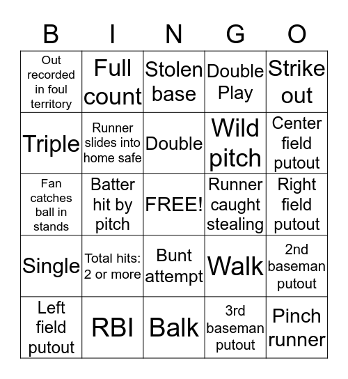 Lebanon Baseball Bingo Card