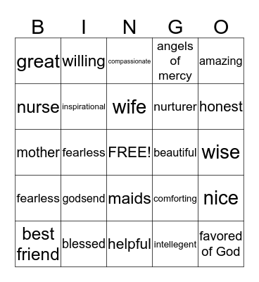 WORDS TO DESCRIBE MOTHERS Bingo Card