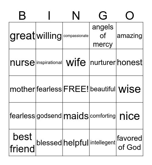 WORDS TO DESCRIBE MOTHERS Bingo Card