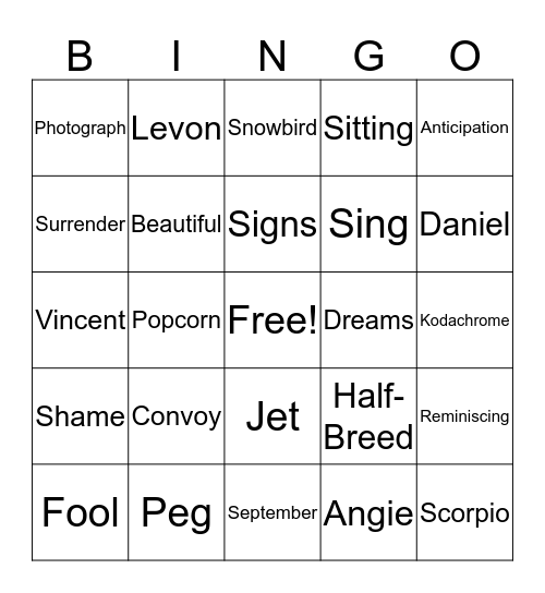 70's One Word Wonders Bingo Card