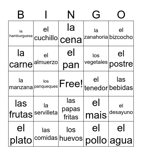 food and related words Bingo Card