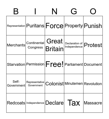 13 Colonies & Steps to the American Revolution Bingo Card