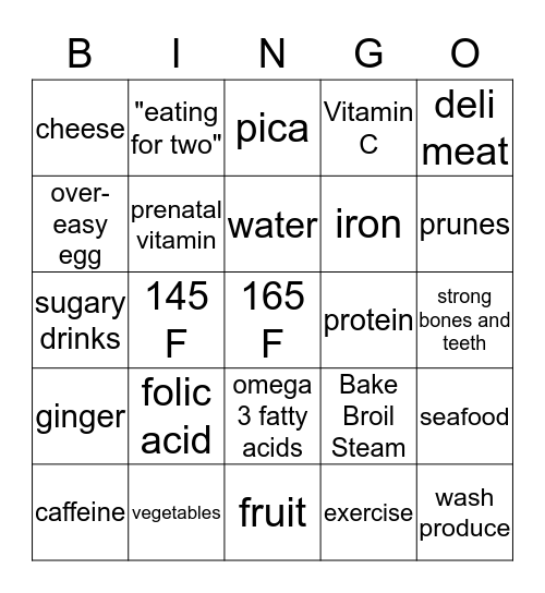 Nutrition and Pregnancy! Bingo Card