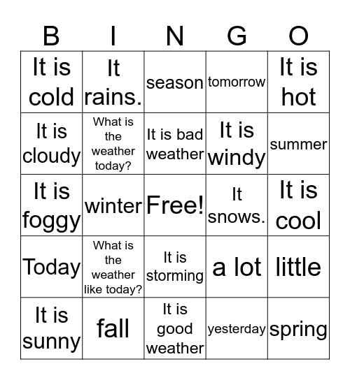 Weather -ESOL Bingo Card