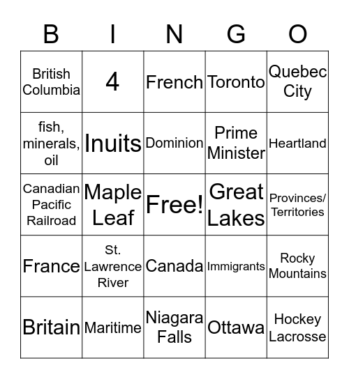 Oh Canada! Bingo Card