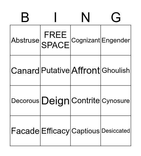 Unit 13 Vocabulary Bingo Card