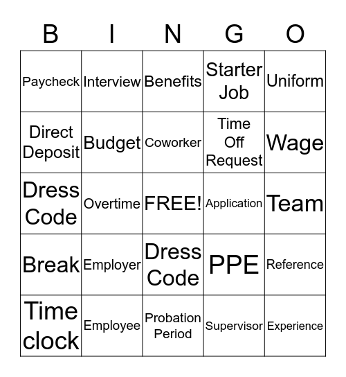 Pre-employment BINGO Card