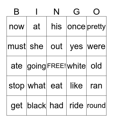 Sight Words Bingo Card