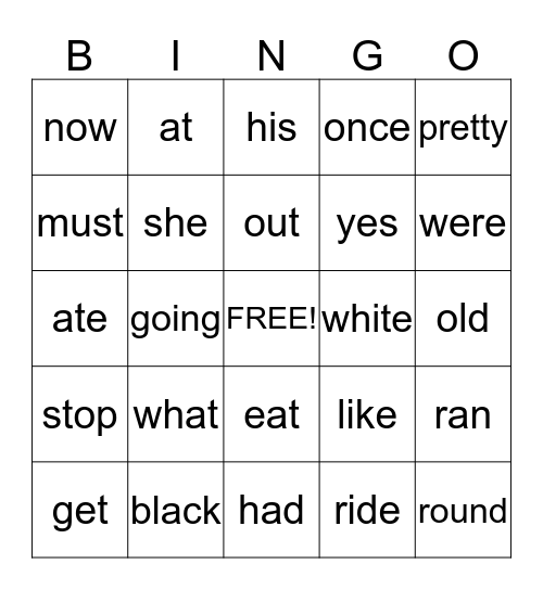 Sight Words Bingo Card