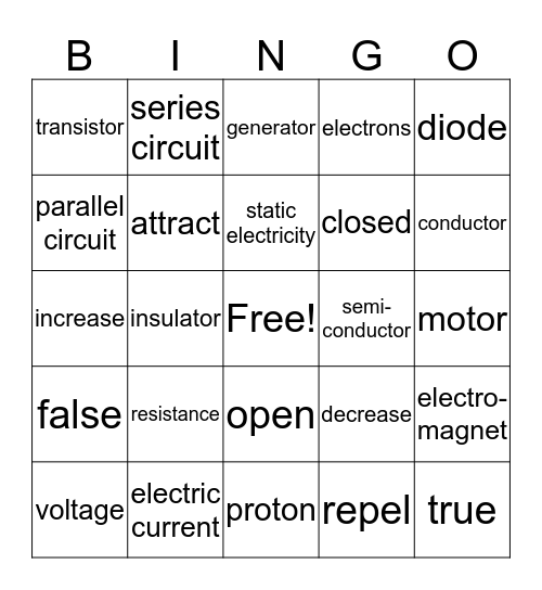 Electricity Bingo Card