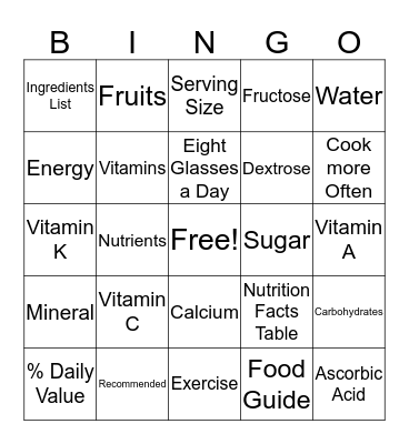 Nutrition Bingo!!! Bingo Card